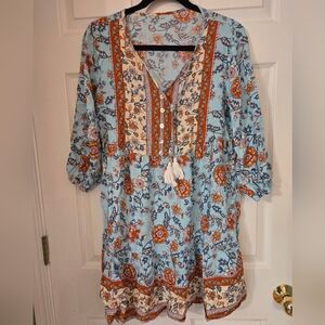 Boho Floral Blue and Orange Dress